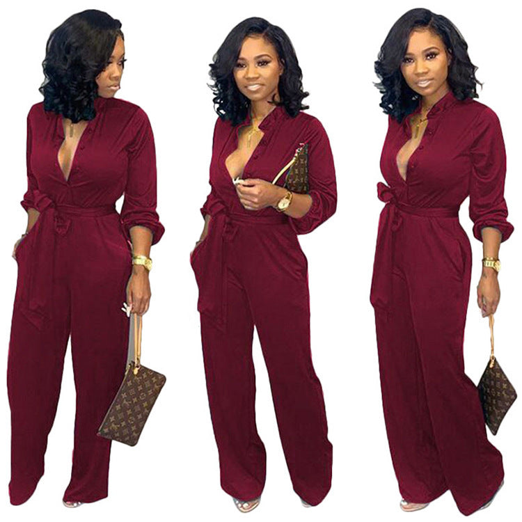 Waist Long Sleeve Fashion Casual Wide-leg Jumpsuit