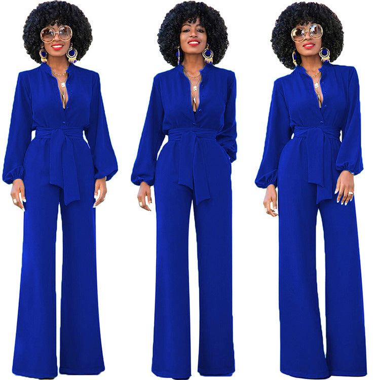 Waist Long Sleeve Fashion Casual Wide-leg Jumpsuit