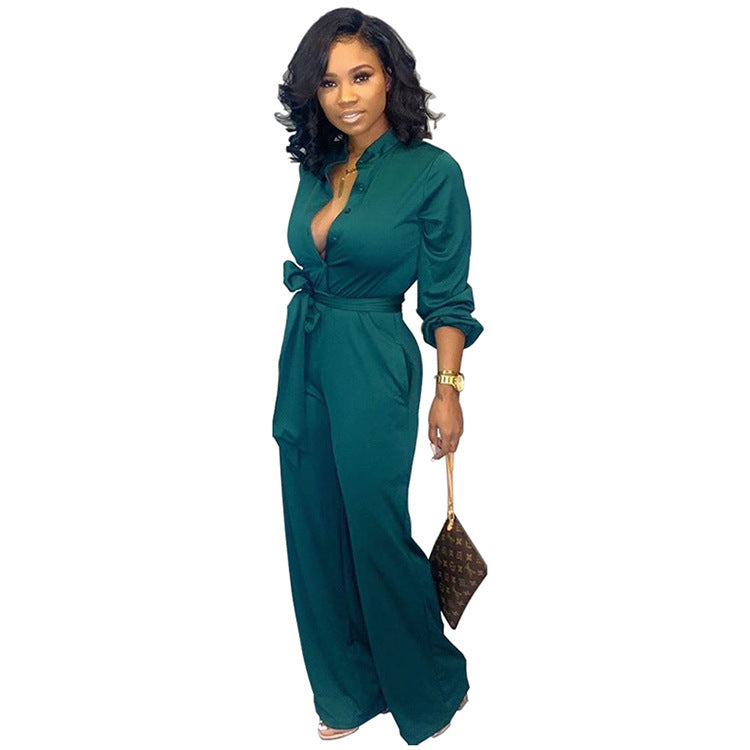 Waist Long Sleeve Fashion Casual Wide-leg Jumpsuit