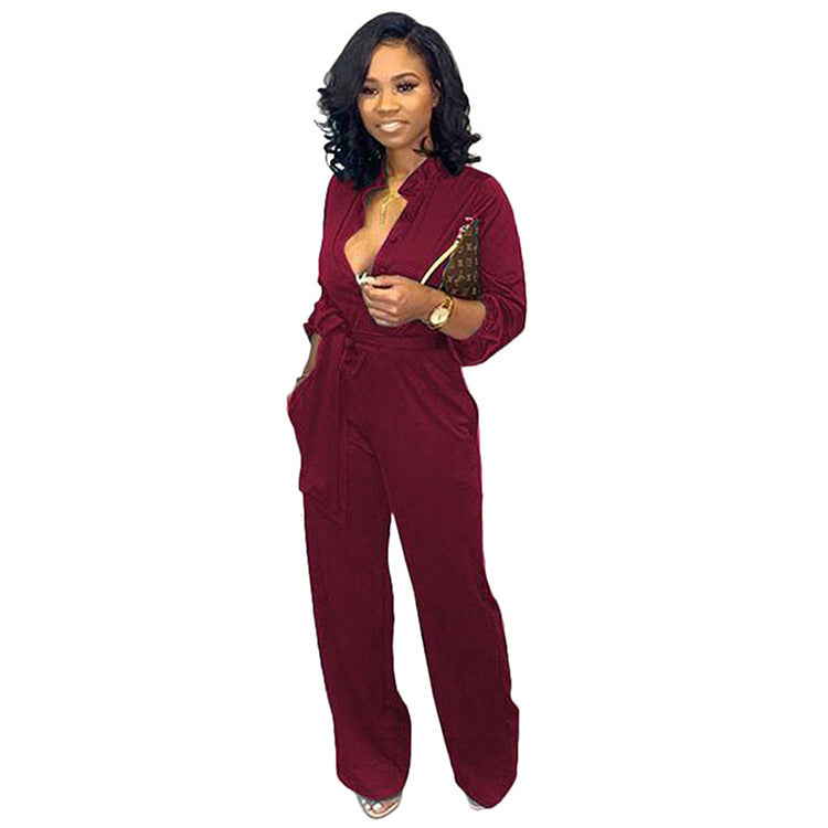 Waist Long Sleeve Fashion Casual Wide-leg Jumpsuit