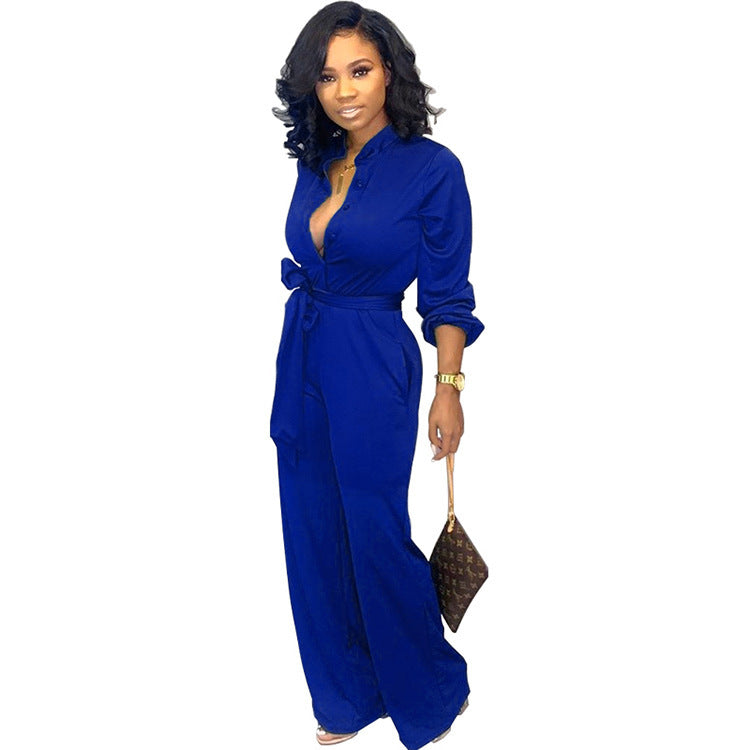 Waist Long Sleeve Fashion Casual Wide-leg Jumpsuit