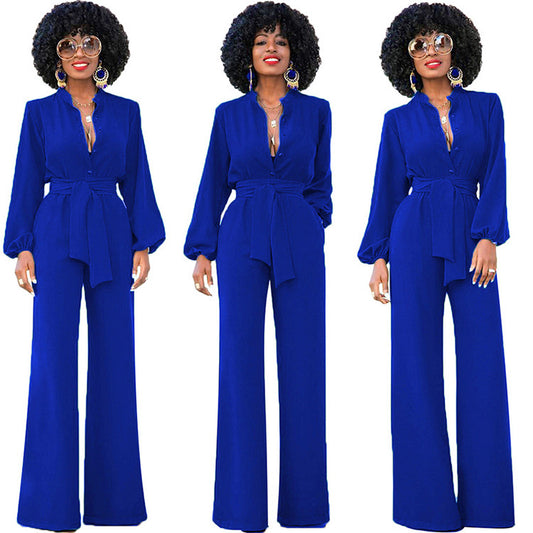 Waist Long Sleeve Fashion Casual Wide-leg Jumpsuit