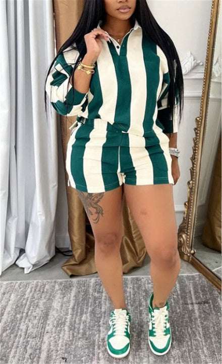 Women's Striped Set Full Sleeve Turn-down Collar Polo Neck T Shirt and Shorts 2025 Two 2 Piece Sets