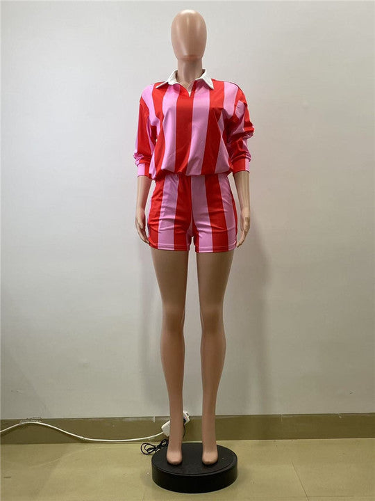 Women's Striped Set Full Sleeve Turn-down Collar Polo Neck T Shirt and Shorts 2025 Two 2 Piece Sets