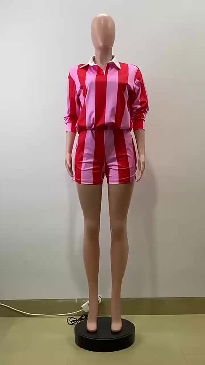 Women's Striped Set Full Sleeve Turn-down Collar Polo Neck T Shirt and Shorts 2025 Two 2 Piece Sets
