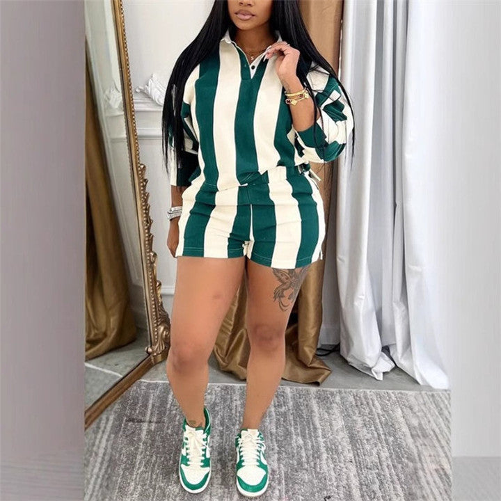 Women's Striped Set Full Sleeve Turn-down Collar Polo Neck T Shirt and Shorts 2025 Two 2 Piece Sets
