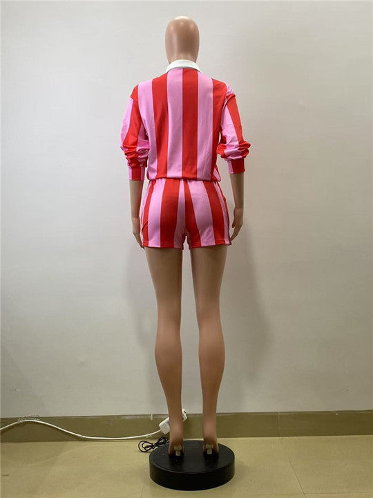 Women's Striped Set Full Sleeve Turn-down Collar Polo Neck T Shirt and Shorts 2025 Two 2 Piece Sets
