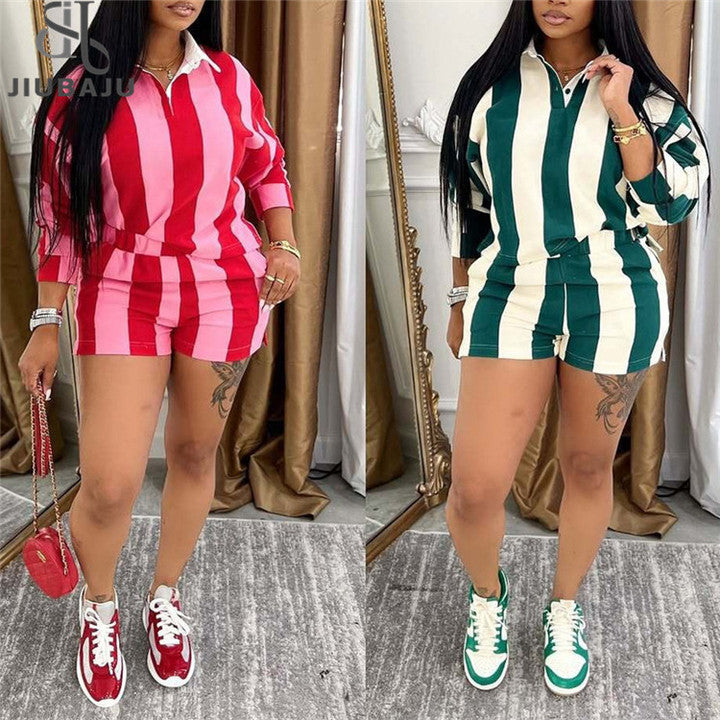 Women's Striped Set Full Sleeve Turn-down Collar Polo Neck T Shirt and Shorts 2025 Two 2 Piece Sets