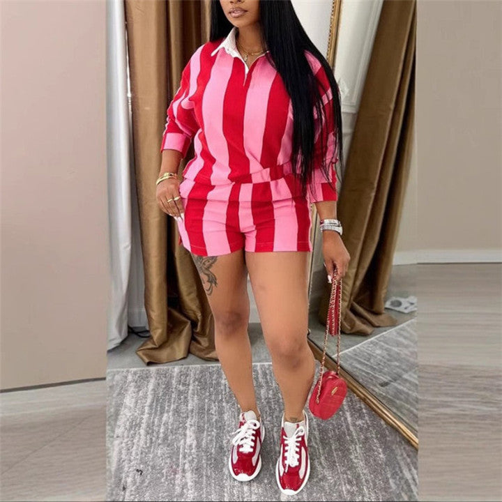 Women's Striped Set Full Sleeve Turn-down Collar Polo Neck T Shirt and Shorts 2025 Two 2 Piece Sets