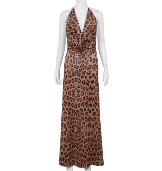 Women's Clothing V-neck Halter Bare Back Sexy Leopard Print Dress Slim Temperament