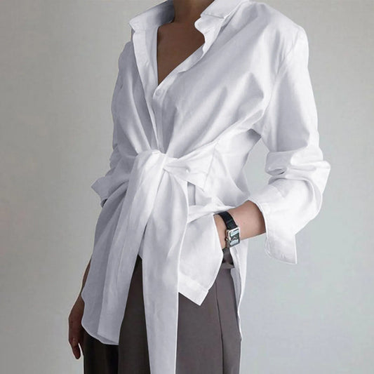 Women's Spring Shirts New Chic Comfortable Casual Temperament Loose Tie Waist Shirt Office Business Commuting Pure Color Blouse