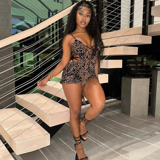 Stylish Lady Leopard Printed Lace Up Playsuits 2025 Summer Women Spaghetti Strap V Neck Bodycon Sexy Club Party Ruffle Rompers