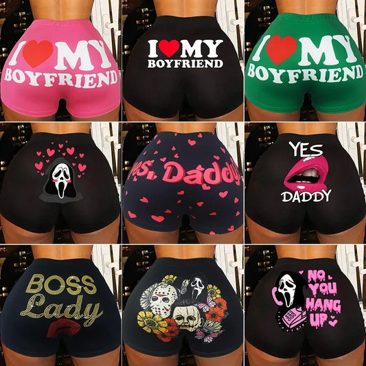 Women's Sexy Booty Shorts  I Love My Boyfriend Letter Print Shorts  Women Gym Biker Y2k Yoga Shorts Fashionable casual shorts