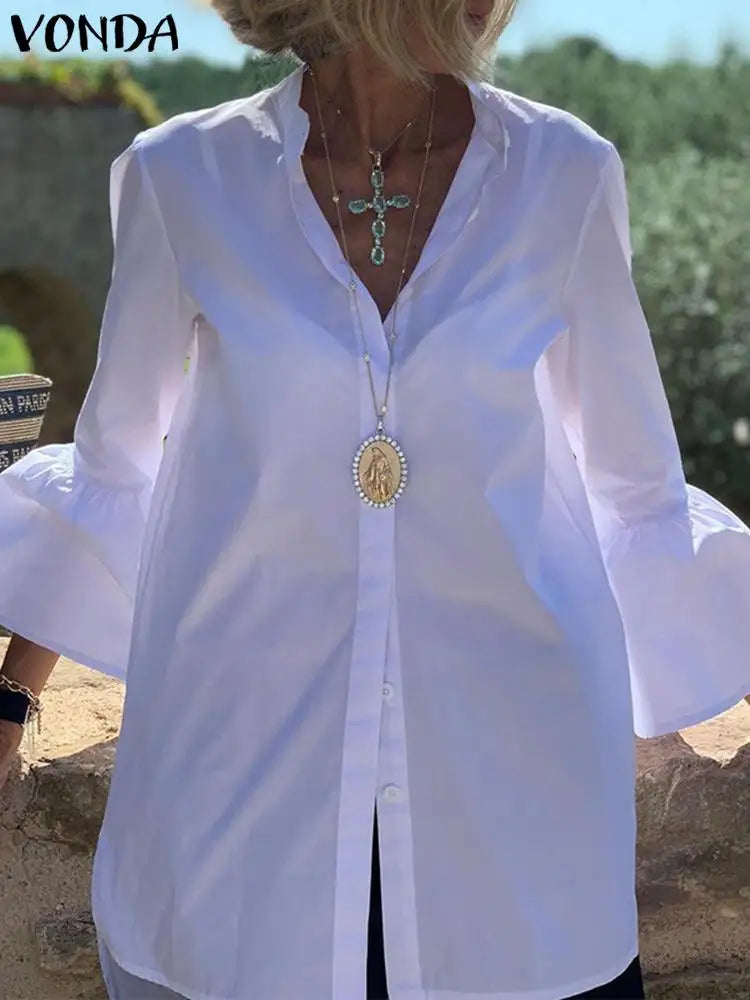 White Shirt Women Solid Color Flare Sleeve Shirts Spring Tops 2025 VONDA Sexy V Neck Button Up Office Shirts Femininas Blusas