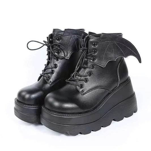 Ulalaza Dark Bat Wing Ankle Boots for Women Wedge Chunky with Sassy Platform Boot Round Toe Lace up Side Zipper High Heel Women Boot Stretch Fabric Soft Skin-Friendly and fit Around The Ankle - Colbrayci