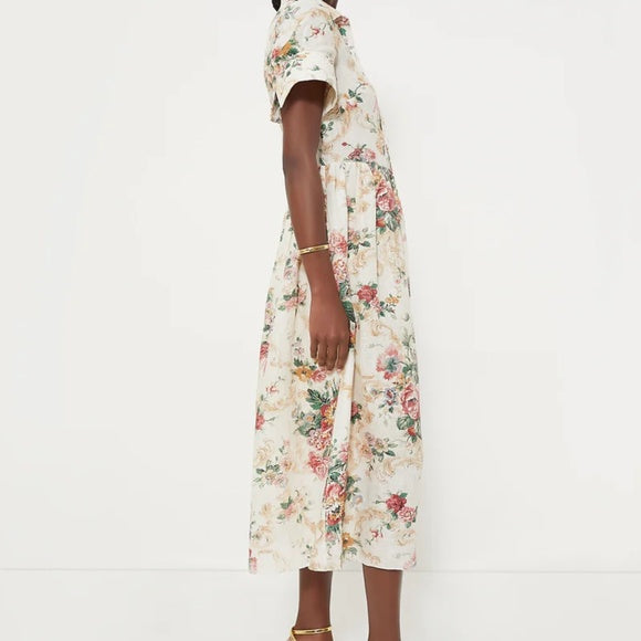 $1645 Erdem Ecru Multi Flared Cuff Fit & Flare Floral Linen Shirt Dress Size 12