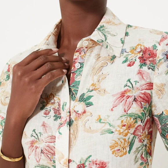 $1645 Erdem Ecru Multi Flared Cuff Fit & Flare Floral Linen Shirt Dress Size 12