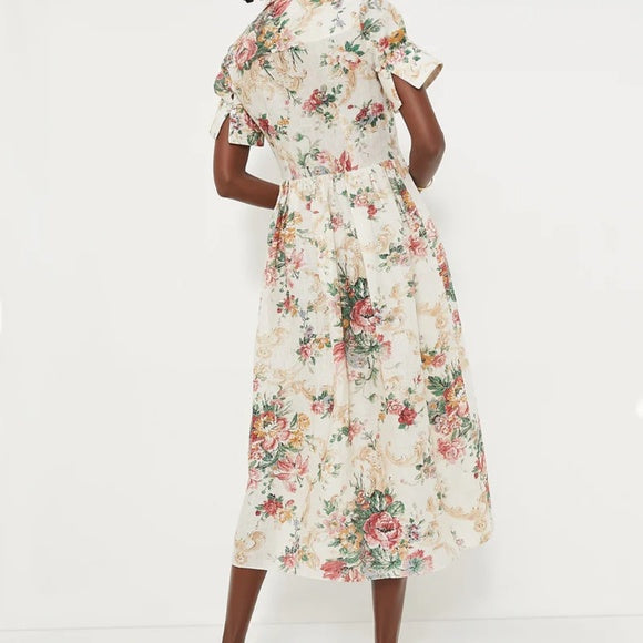 $1645 Erdem Ecru Multi Flared Cuff Fit & Flare Floral Linen Shirt Dress Size 12