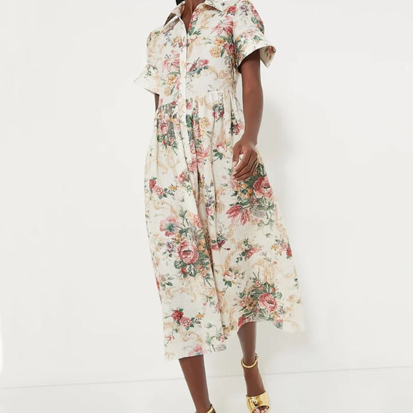 $1645 Erdem Ecru Multi Flared Cuff Fit & Flare Floral Linen Shirt Dress Size 12