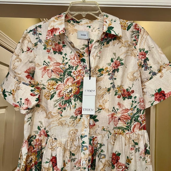 $1645 Erdem Ecru Multi Flared Cuff Fit & Flare Floral Linen Shirt Dress Size 12