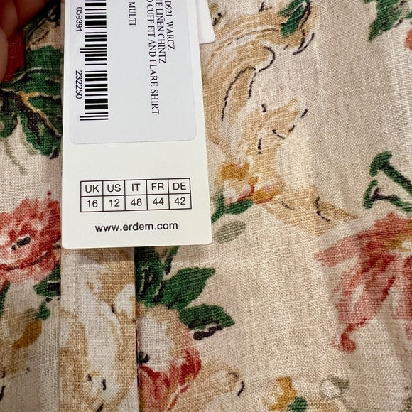 $1645 Erdem Ecru Multi Flared Cuff Fit & Flare Floral Linen Shirt Dress Size 12
