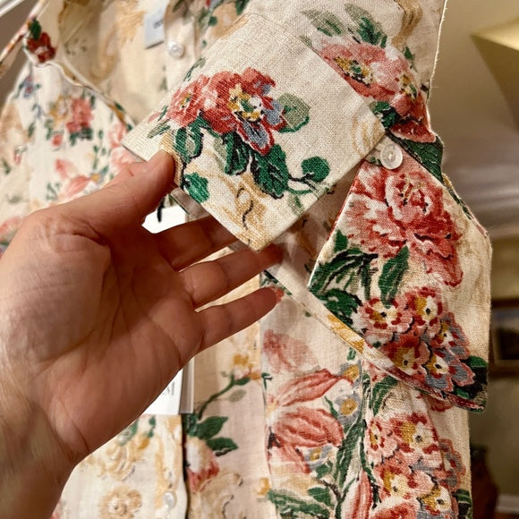 $1645 Erdem Ecru Multi Flared Cuff Fit & Flare Floral Linen Shirt Dress Size 12