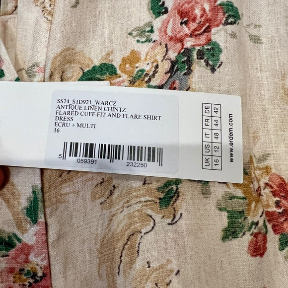 $1645 Erdem Ecru Multi Flared Cuff Fit & Flare Floral Linen Shirt Dress Size 12
