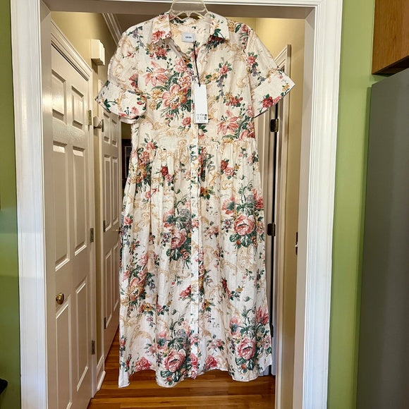 $1645 Erdem Ecru Multi Flared Cuff Fit & Flare Floral Linen Shirt Dress Size 12