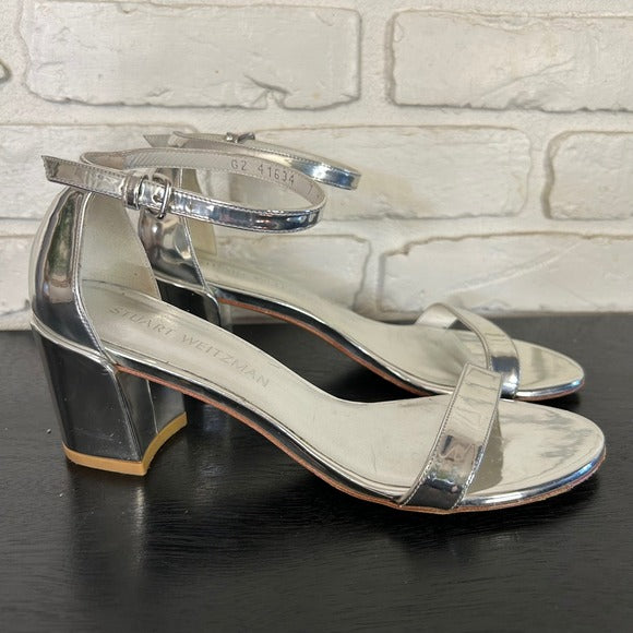 Stuart Weitzman Silver Metallic Block Heel Sandals‎ Women's Size 7